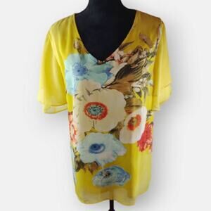 EST Women's Floral Blouse Extra Large Polyester Floral Yellow Cream Orange Blue